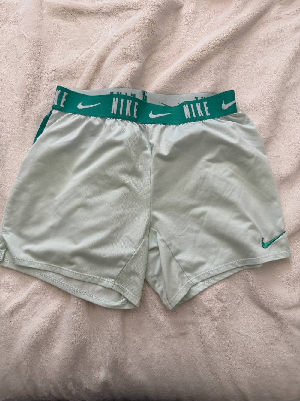 Nike Girl’s Mint Athletic Shorts with Teal Logo Waistband